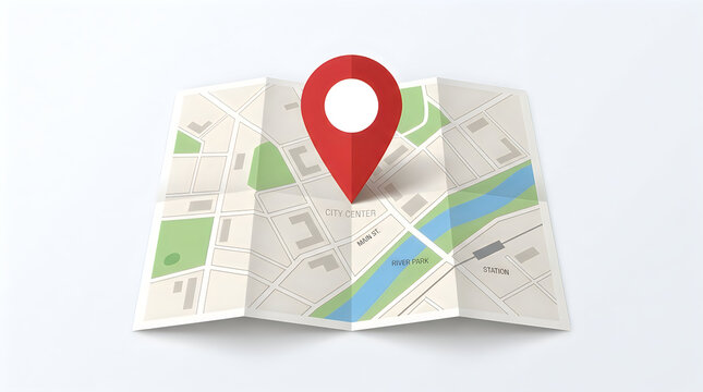 Red map pin marker on a folded map with streets and parks, navigation tool