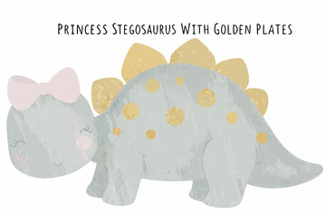 princess stegosaurus with golden plates cartoon dinosaur gray body pink bow childish design © MSTShikha