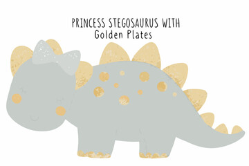 princess stegosaurus with golden plates cartoon dinosaur illustration gray yellow bow childish funny © MSTShikha