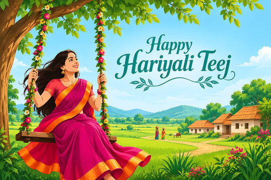 Happy hariyali teej and kajari teej rural celebration with cheerful indian woman in pink sari enjoying floral swing overlooking green fields and village