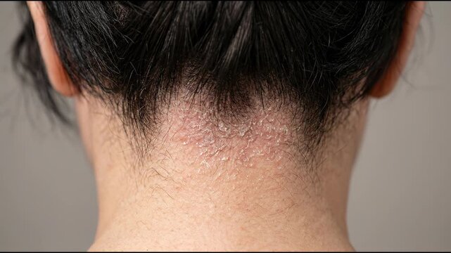 Scalp Psoriasis Condition on Human Neck and Hairline Showing Dry Flaky Skin as a Medical Health Issue
