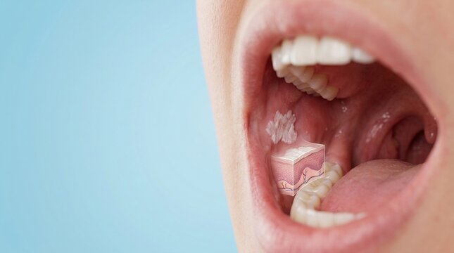 Detailed 3D medical illustration of an open human mouth showing white plaque on the inner cheek with a mucosal tissue layer cross-section