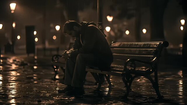 Paris, France, Europe. A moody, atmospheric portrayal of a solitary man seated on a bench in a city street at night. The scene is bathed in a warm, golden light.