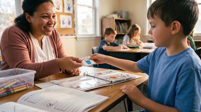 Teacher Using PECS Picture Cards with a Student in an Inclusive Classroom