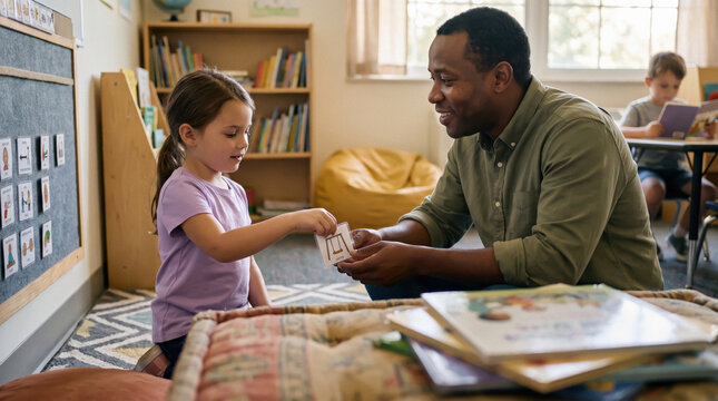 Teacher Using a PECS Picture Card with a Young Student in the Classroom