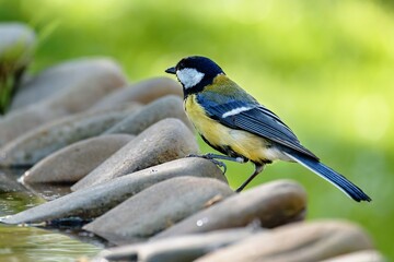 Great tit stands on stones at a bird watering hole. Czechia. © Milan