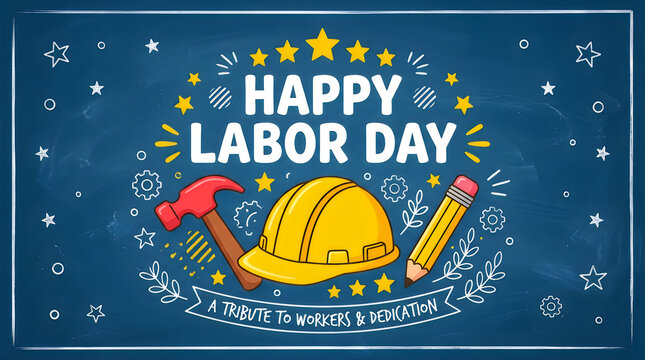 Happy labor day graphic with tools and pencils hard hat blue collar day off
