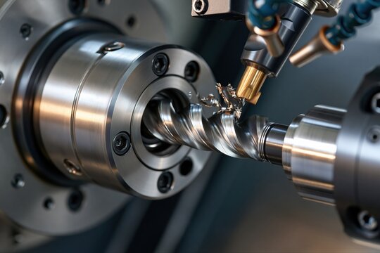 Precision Metal Machining: CNC Lathe Crafting a Helical Screw Thread with Cutting Tool