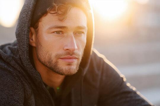 Thoughtful Young Man in Black Hoodie at Sunset Golden Hour Light
