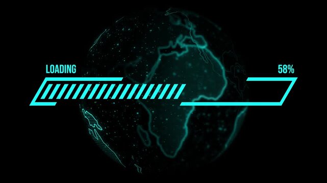 Digital global loading progress bar with rotating earth hologram animation percentage