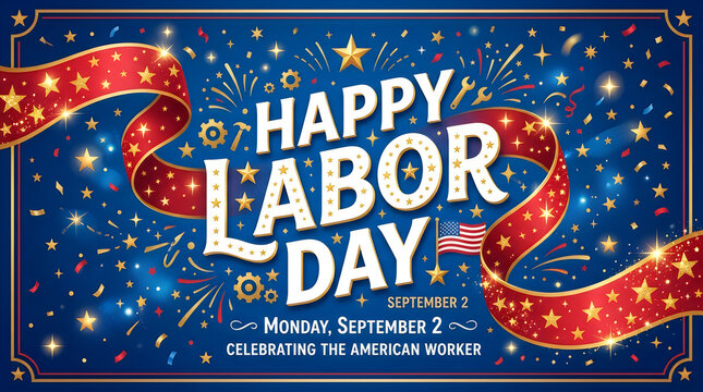 Happy labor day celebration banner with red ribbons and stars, graphic design