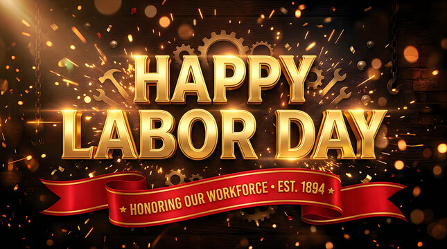 Happy labor day banner with fireworks and thanking our workforce text, fireworks