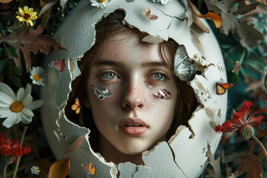 Woman Emerging from Cracked Eggshell Surrounded by Butterflies and Flowers, Concept of Rebirth and Transformation