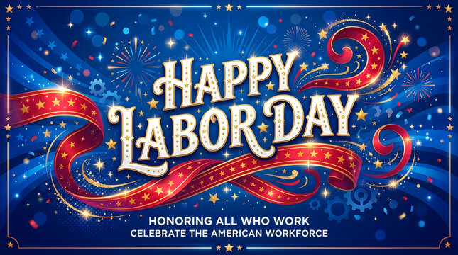 Honoring all who work celebration banner with red ribbons and stars, labor day