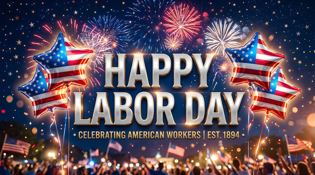 Happy labor day celebration with fireworks and american flags, night sky
