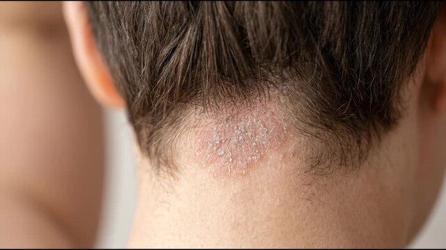 Scalp Psoriasis on the Nape of a Persons Neck Showing Detailed Skin Conditions and Medical Implications