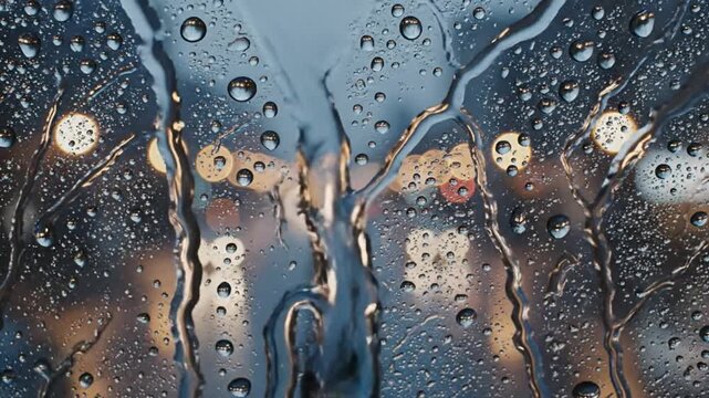 Rain streaks down a windowpane blurring city lights and traffic at night