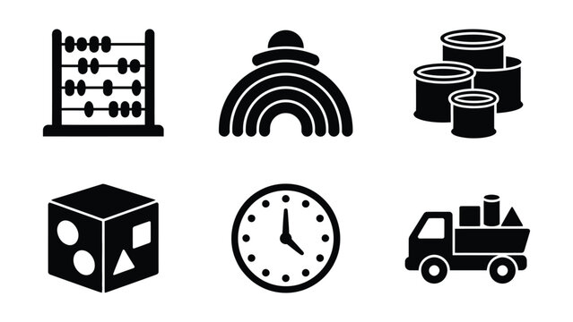 Black and white flat icons set of six items