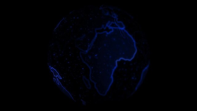 Rotating digital earth globe, blue holographic map animation, global technology network background