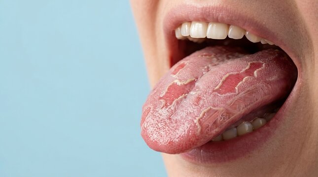 Close-up of human tongue with red patches and white borders showing geographic tongue condition
