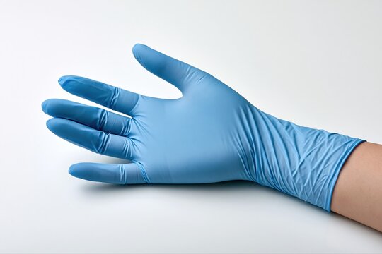 Close-up of a blue nitrile medical examination glove on a person's hand against a white background
