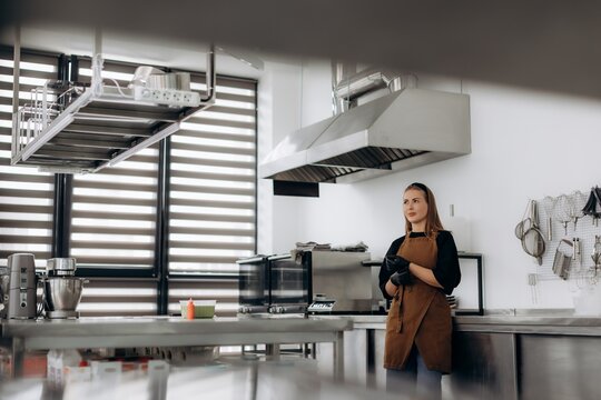 Female chef standing in modern commercial kitchen