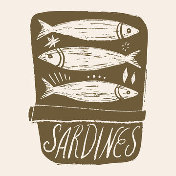 Doodle mediterranean canned sardines illustration with open tin can, fish trio, and la dolce vita lettering in artisanal linocut vector.