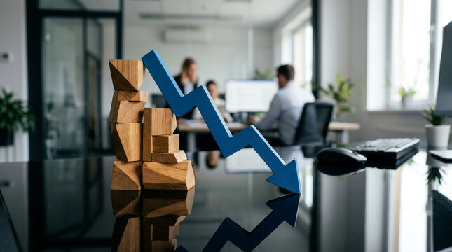 Blue down arrow on wooden blocks signifying economic decline or business failure in an office
