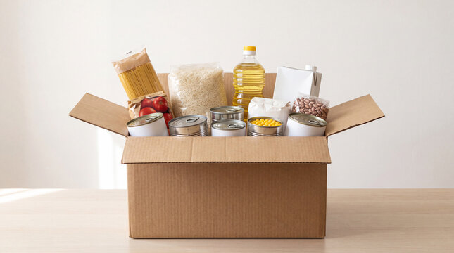 Food donation box with pasta, rice, cooking oil and canned goods isolated on light background, charity food bank concept, pantry staples donation, grocery support, humanitarian aid