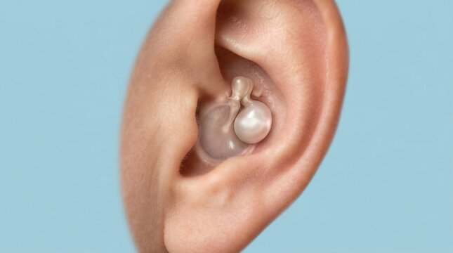 3D illustration of a human ear with a translucent cyst in the ear canal for medical education