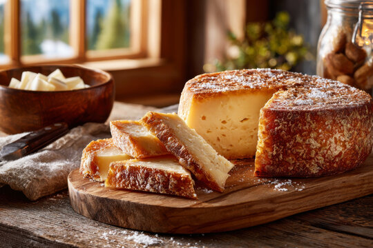 Sliced aged cheese wheel with golden rind on a wooden board in a rustic alpine cabin setting