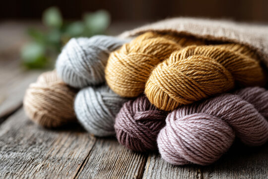 Hand dyed wool yarn skeins in golden mustard and mauve tones on rustic wood with linen fabric