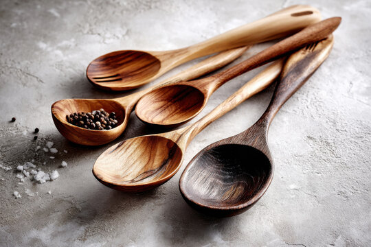 Set of assorted hand carved wooden spoons with black pepper and sea salt on a gray concrete surface