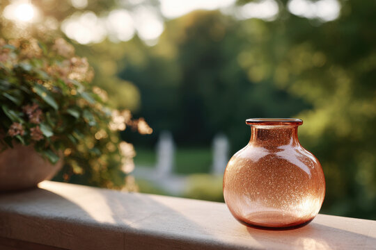 Round handcrafted recycled glass vase with bubble inclusions on a stone ledge in warm golden hour light