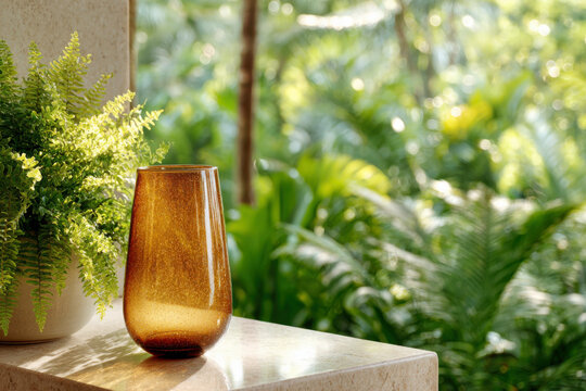 Tall amber recycled glass vase with bubble texture on marble shelf beside fern plant in tropical garden setting