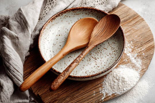 Two carved wooden spoons with decorative handles resting in a speckled ceramic bowl on a round wooden board with flour