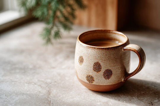 Handmade stoneware coffee mug with fingerprint dot pattern resting on a stone surface in soft window light
