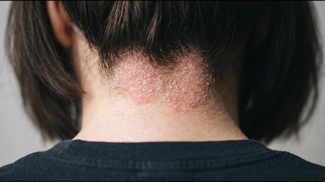 Scalp Psoriasis on Neck and Head Showing Skin Condition Movement a Close Up View for Medical Presentation and Educational Content