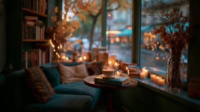 Paris, France, Europe. A cozy indoor scene, likely a cafe or reading nook, is illuminated by warm, ambient light. A cup of coffee sits on a round wooden table, accompanied by a stack of books.