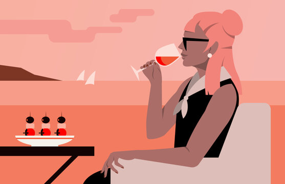 Woman Enjoying Ros&eacute; Wine and Snacks at Sunset by the Sea