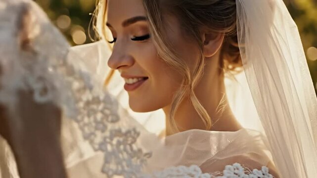 Beautiful Bride With Delicate Lace Veil Smiling Softly in Golden Sunlight Outdoors