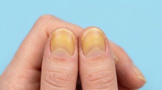 Close-up of human fingernails with yellow discoloration and thickening on a light blue background
