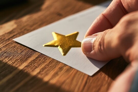 Hand placing gold star stamp on white paper, wooden surface in background.