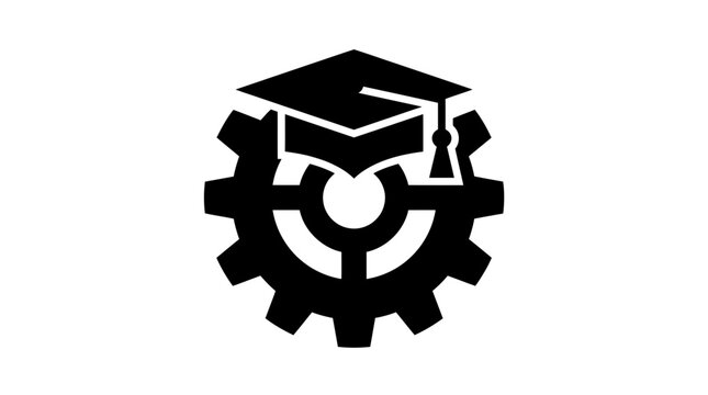 Graduation cap resting atop a mechanical gear symbolizes the convergence of technical education and industrial skill development in higher learning.