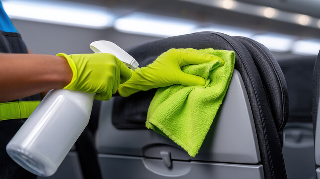 Gloved worker cleaning an airplane seat with a spray bottle and green cloth, showing routine cabin care and passenger area maintenance