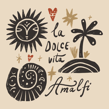 Mediterranean folk art vector elements set, naive sun face, sacred eye, flower and la dolce vita lettering, bohemian linocut artisanal graphic