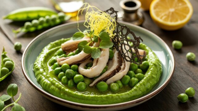 The national dish of Italian cuisine. 
Cuttlefish with peas in Venetian style (Seppie con piselli) is a delicate dish of stewed cuttlefish and green peas served on a pillow of mashed peas.