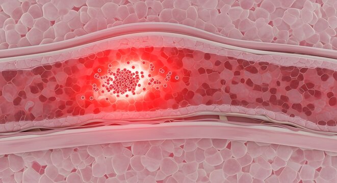 3D medical illustration of a blood clot (thrombus) causing vascular blockage in an artery or vein, representing thrombosis.