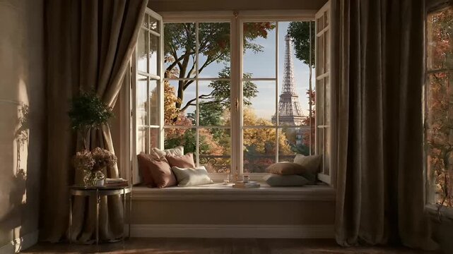 Paris, France, Europe. A detailed, realistic portrayal of a serene window seat overlooking the Eiffel Tower in Paris, France. The window seat is adorned with plush.
