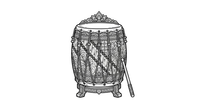 Ornate traditional Indonesian barrel drum with stick illustration.